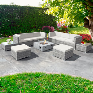 Oseasons® Trinidad Deluxe Rattan 8 Seat Modular Sofa Set with GRC Firepit in Dove Grey - Cream Cushions