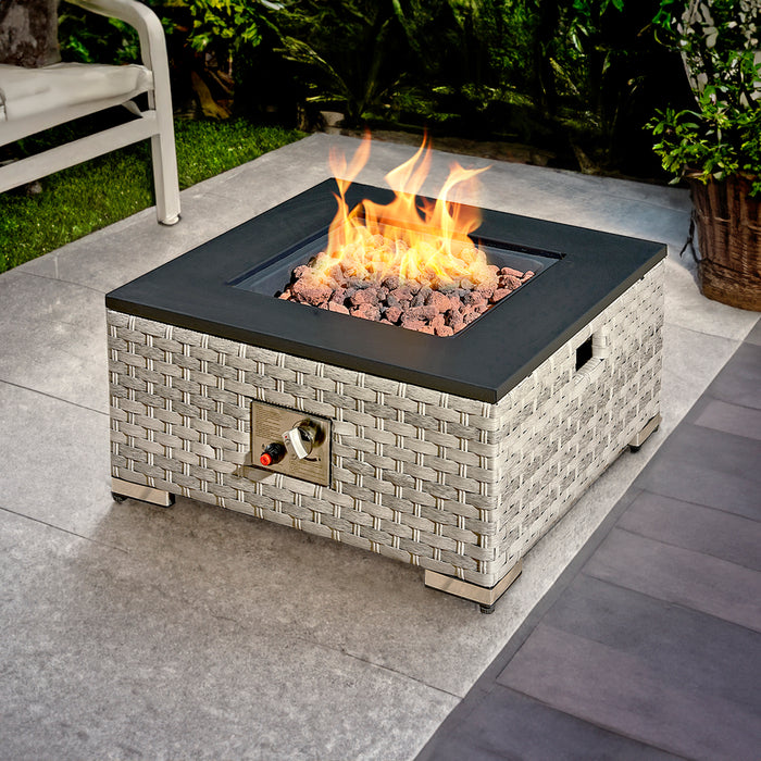Royal Fire™ Icarus Rattan Firepit Coffee Table in Dove Grey with Iron Top