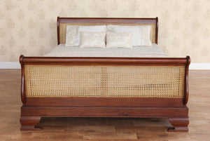 Mahogany French Rattan Sleigh Bed