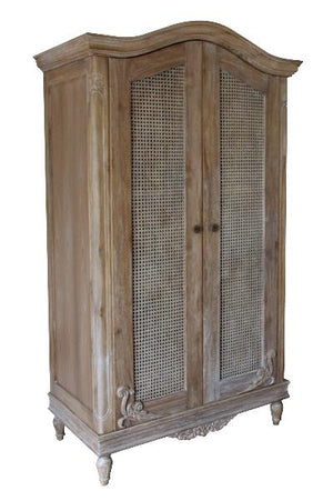 Belle French Weathered Wardrobe with Rattan Doors