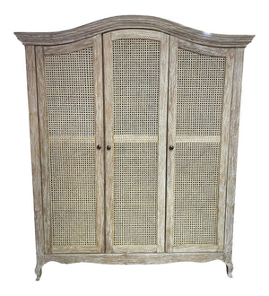 Eloise Weathered French Triple Wardrobe With Rattan Doors